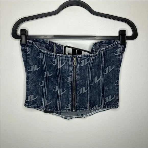 ❌SOLD❌ Jaded London Denim Monogram Strapless Buckle Logo Hardware Corset Top - Picture 5 of 7